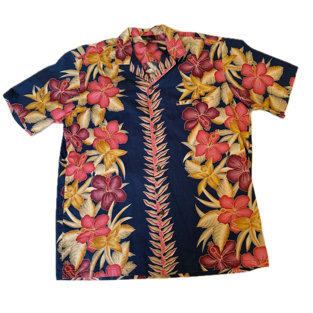 Royal Creations Mens Hawaiian Shirt Navy Blue Hibiscus Floral Made in Hawaii L